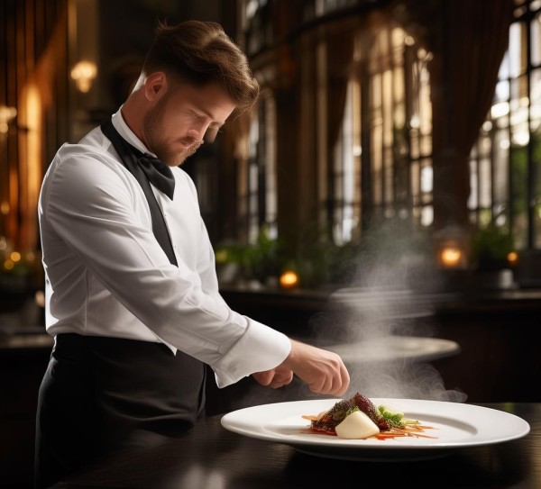 五星级酒店餐饮部男服务员，在舌尖的舞台上，用专业与温度点亮宾客的用餐体验